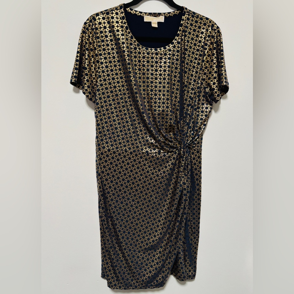 Michael Kors Navy and Gold Print, Short Sleeve Cocktail, Party Dress XL